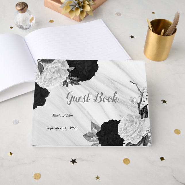 Livro De Visitas flores brancas e pretas cinza mármore botânico (Frente aberta)
