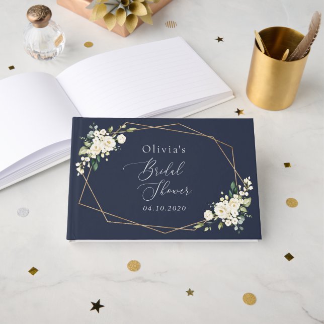 Livro De Visitas Flores brancas, Flores de Creme, Boho, Chá de pane (Frente aberta)