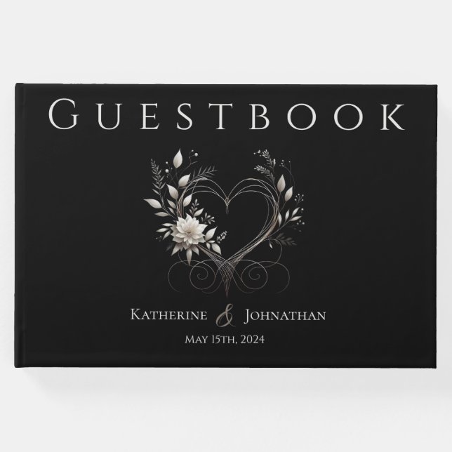 Livro De Visitas Flores Brancas Modernas com Casamento Cardíaco (Frente)