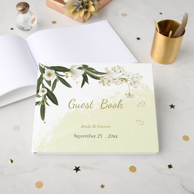 Livro De Visitas flores brancas românticas e douradas verdes (Frente aberta)