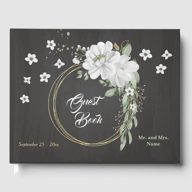 Livro De Visitas flores brancas verde-dourado fundo preto (Frente)