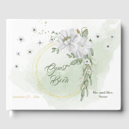 Livro De Visitas flores brancas, verde e dourado