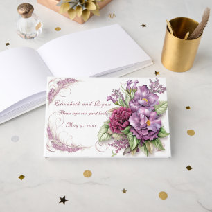 Livro De Visitas Flores de Aguarela Roxas e Malvas Lindas