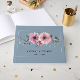 Livro De Visitas Flores de aquarela russas azul empoeirado Casament