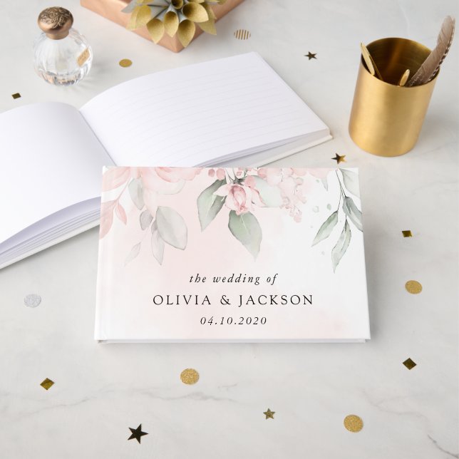 Livro De Visitas Flores De Blush, Flores Rosa, Verde, Casamento (Frente aberta)