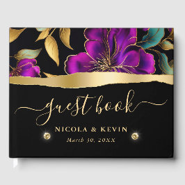 Livro De Visitas Flores de casamento em aquarela roxo e azul-turque