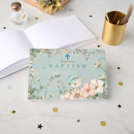 Livro De Visitas Flores de Urso Cinto Vintage Baptism Bebê Verde