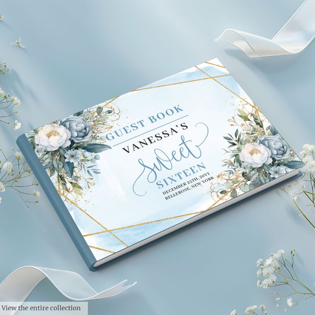 Livro De Visitas Flores Douradas Brancas Azuis e Chic Pastel Doce D (Chic Pastel Blue White Gold Flowers Sweet 16 Guest Book)