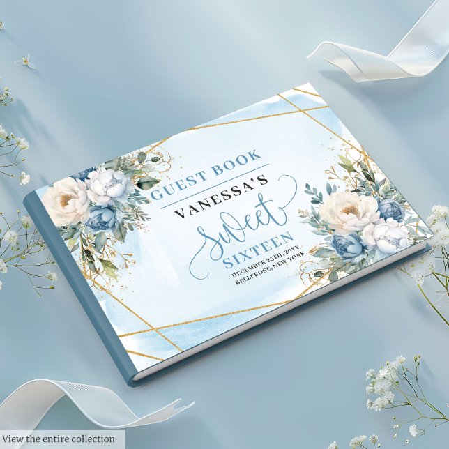 Livro De Visitas Flores Douradas, brancas e poeirentas, únicas, doc (Unique Dusty Blue White Gold Flowers Sweet Sixteen Guest Book)