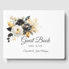 Livro De Visitas Flores Douradas Pretas Brancas