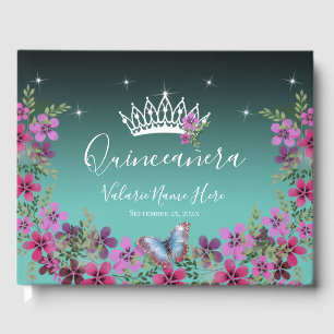 Livro De Visitas Flores e Borboleta Princesa Quinceanera Azul