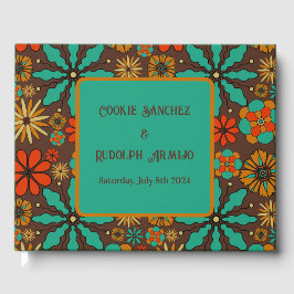 Livro De Visitas Flores Retro Marrom Teal Vermelho floral groovy 60