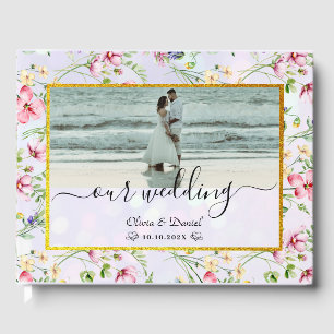 Livro De Visitas Flores Rosa Bege Elegante Aquarela Casamento