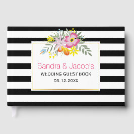 Livro De Visitas Flores rosa, listras modernas, casamento floral