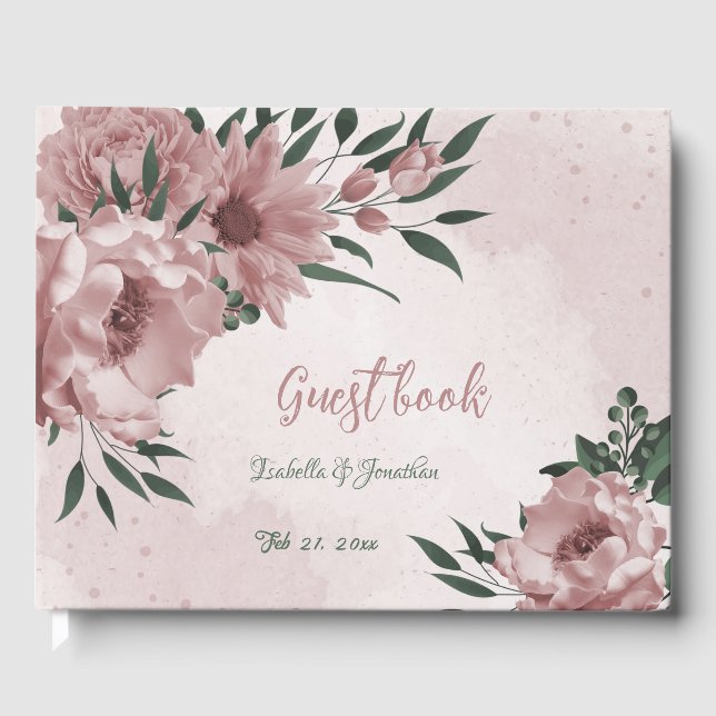 Livro De Visitas flores rosa romântica e folhas verdes casamento (Frente)