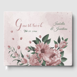 Livro De Visitas flores rosa romântica e folhas verdes casamento