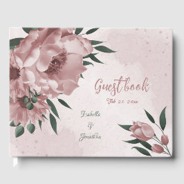 Livro De Visitas flores rosa romântica e folhas verdes casamento