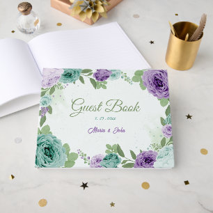 Livro De Visitas flores roxas azuis verde casamento