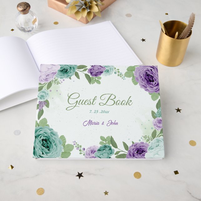 Livro De Visitas flores roxas azuis verde casamento (Frente aberta)