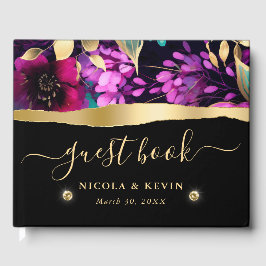Livro De Visitas Flores Roxas e Turquesa em Aquarela Casamento 
