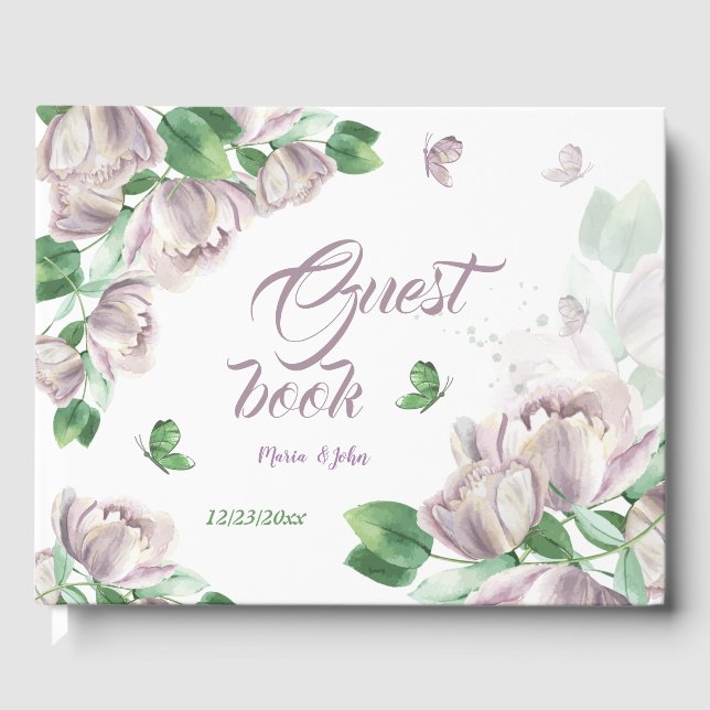 Livro De Visitas flores roxas folhas verdes borboletas (Frente)