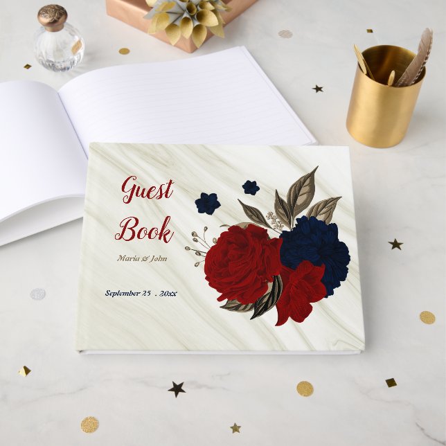 Livro De Visitas flores vermelhas e marinhos cinzas mármore botânic (Frente aberta)