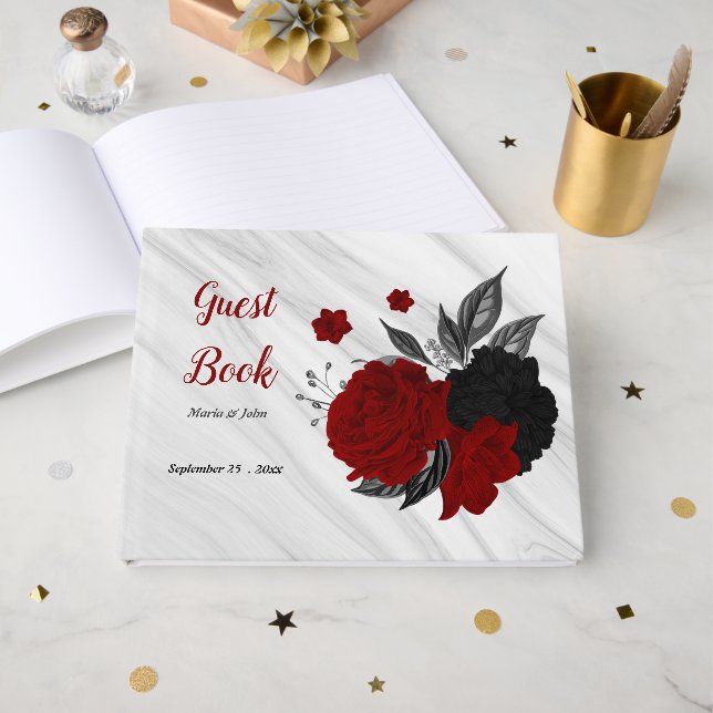 Livro De Visitas flores vermelhas e pretas cinza mármore botânico (Frente aberta)