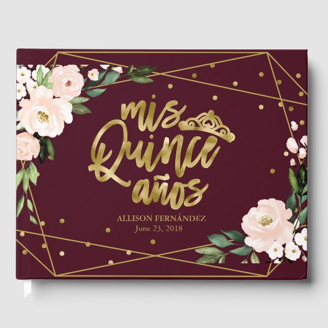 Livro De Visitas Folha de Ouro Blush Burgundy Floral Quinceanera (Frente)