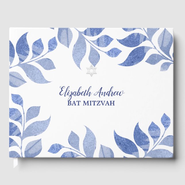 Livro De Visitas Folhagem Azul Elegante Bat Mitzvah (Frente)
