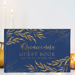 Livro De Visitas Folhagem Elegante Blue e Quinceanera Dourada