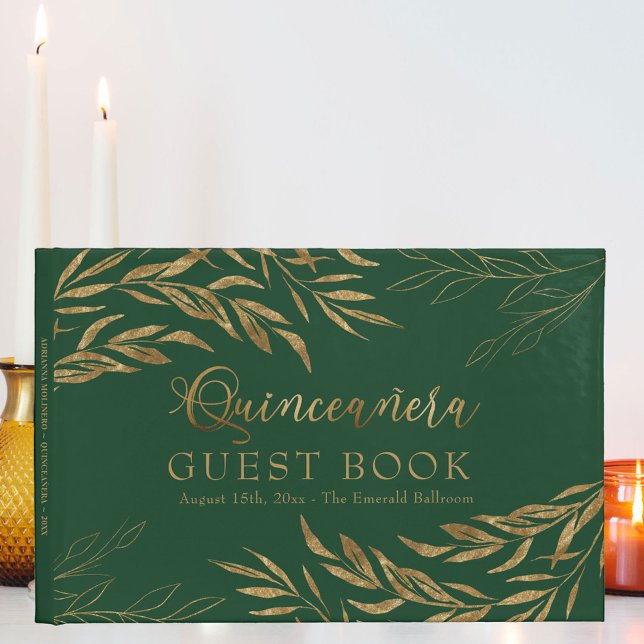 Livro De Visitas Folhagem Elegante, Quinceanera Verde e Dourada (Elegant Quinceanera Guest Book in emerald green from my Gold Leaf Collection)