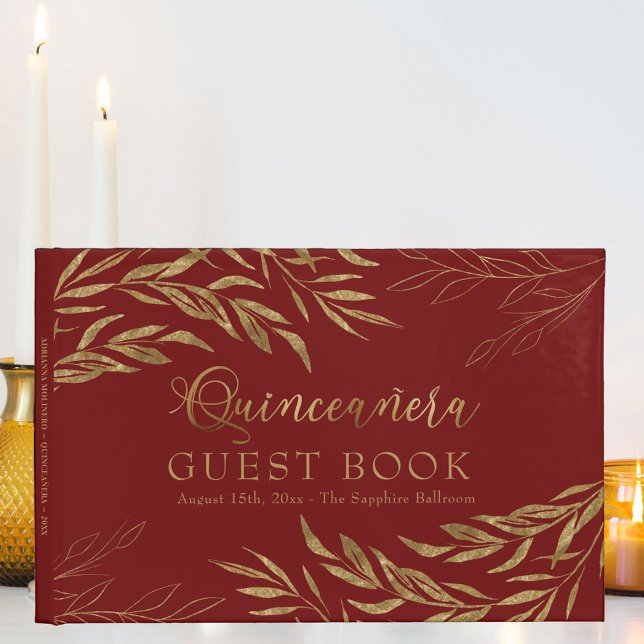 Livro De Visitas Folhagem Elegante Vermelha e Quinceanera Dourada (Quinceanera signature book in red and gold, from my Gold Leaf Collection
)