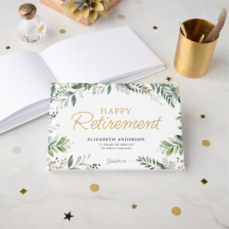 Livro De Visitas Folhagem Verde Elegante Feliz Aposentadoria