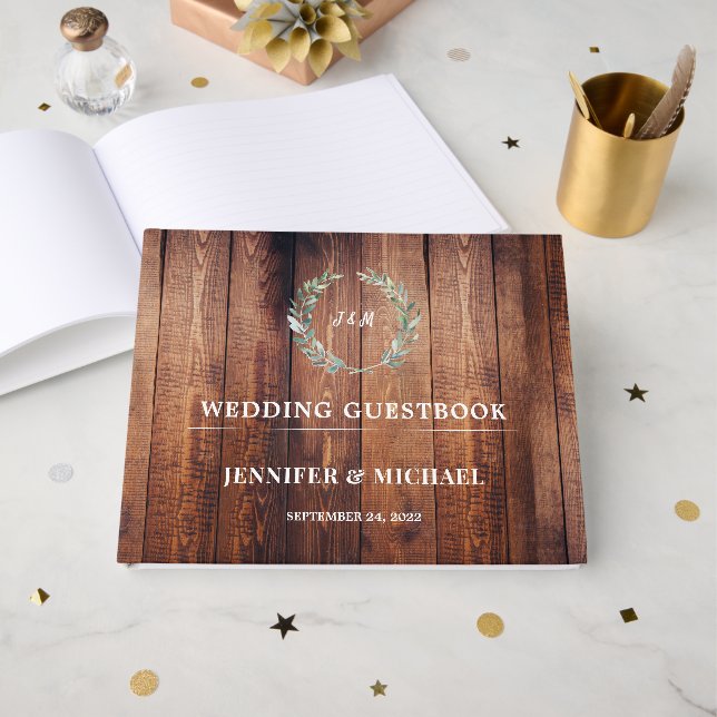 Livro De Visitas Folhas de aquarela em madeira de casca rústica Cas (Frente aberta)