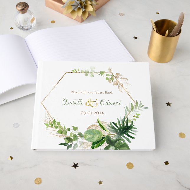 Livro De Visitas Folhas de Monstera em Aquarela Verde Tropical Eleg (Frente aberta)