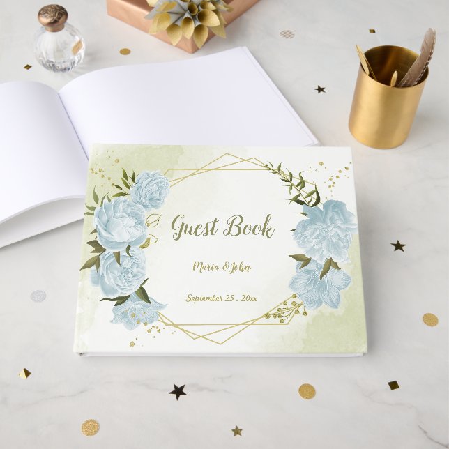 Livro De Visitas Folhas verdes, azuis bonito, geométricas (Frente aberta)