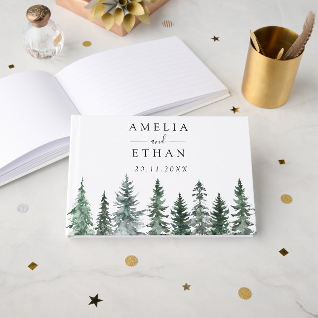Livro De Visitas Forest Wintre Watercolor Wedding (Frente aberta)