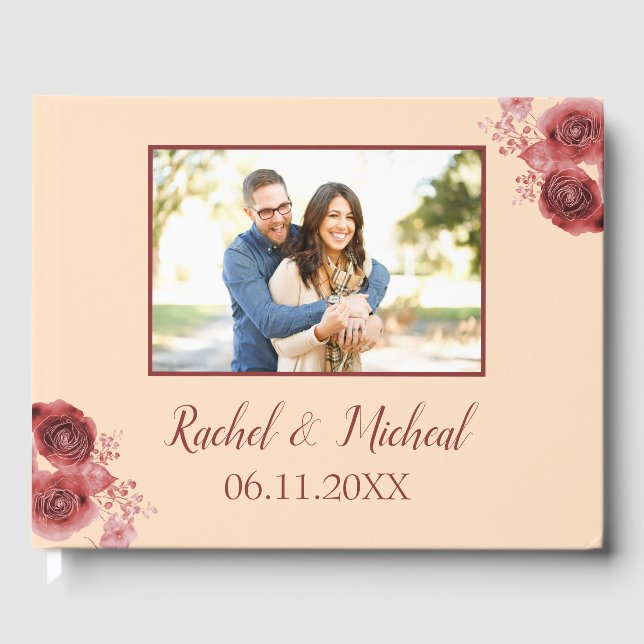 Livro De Visitas Foto bonito de Casamento de Belezas Peach e Burgun (Frente)