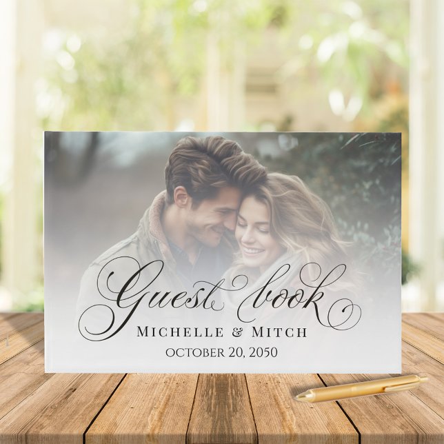 Livro De Visitas Foto de caligrafia em preto e branco (Wedding Guest book with photo template on the front and back)