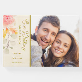 Livro De Visitas Foto De Casamento Floral De Aquarela Dourada Elega