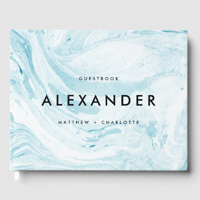 Livro De Visitas Foto de casamento moderno do Marble Azul e Branco (Frente)