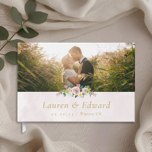 Livro De Visitas Foto de Casamento Personalizado Floral Cor-de-Rosa