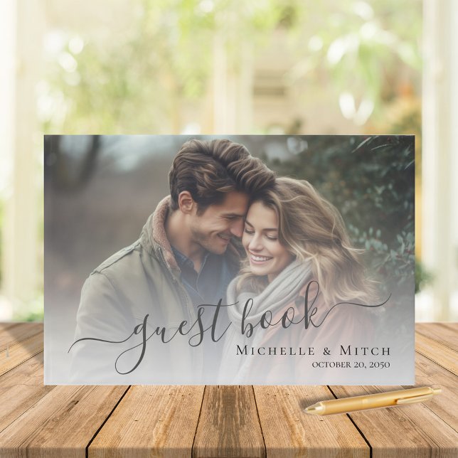 Livro De Visitas Foto de Script de Caligrafia de Casamento Simples (Wedding guest book with photo template. )