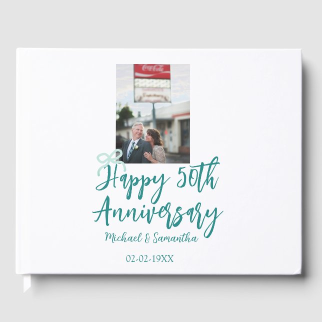 Livro De Visitas Foto do 50º aniversário com laço turquesa nome da (Frente)