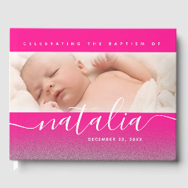 Livro De Visitas Foto do Bebê Rosa Batismo Christening Cross Glitte