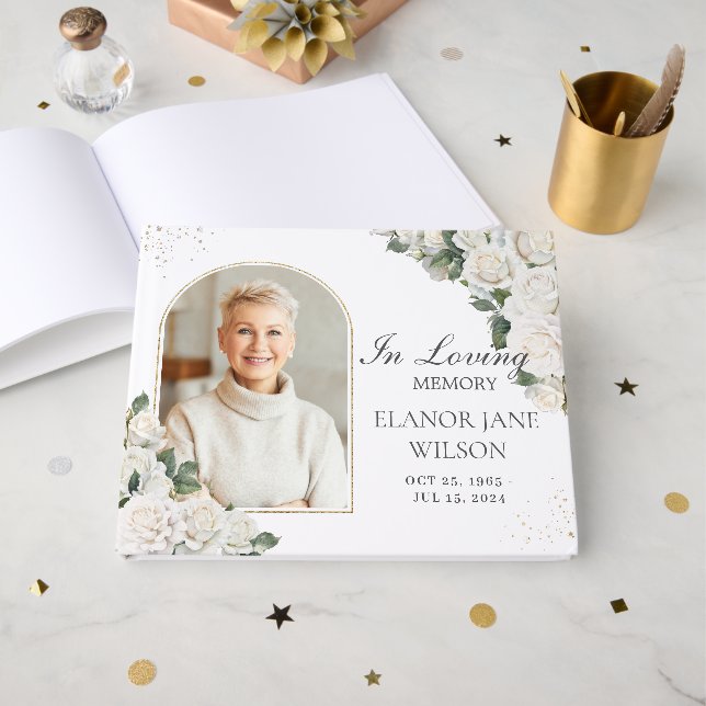 Livro De Visitas Foto do Funeral Memorial Floral de Rosas Brancas (Frente aberta)