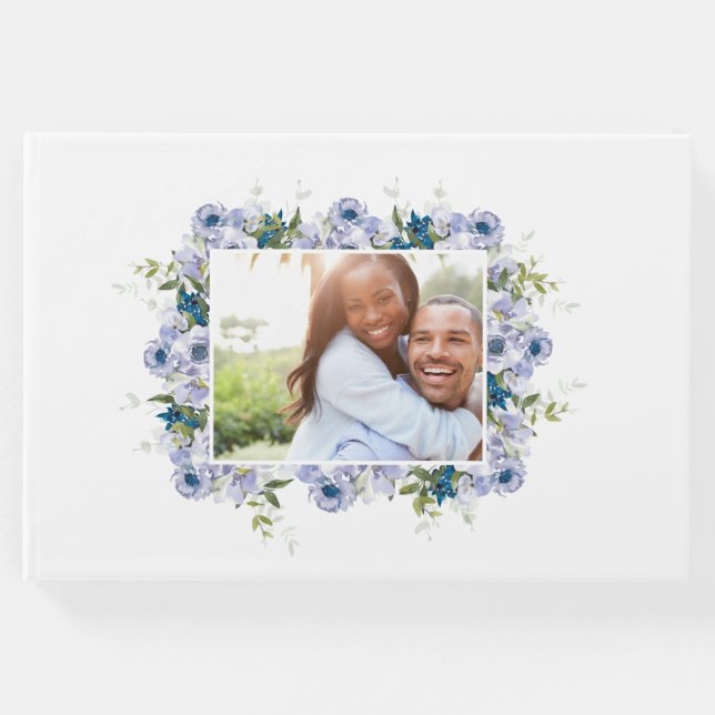 Livro De Visitas Foto do Noivado Floral Clássico Azul (Frente)