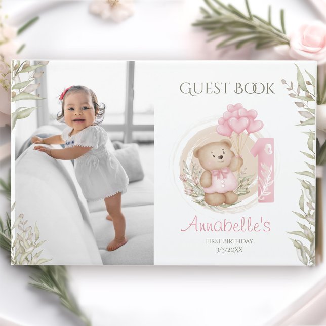 Livro De Visitas Foto do primeiro aniversario do Urso de Teddy Boni (Cute Teddy Bear 1st Birthday Photo Guest Book)