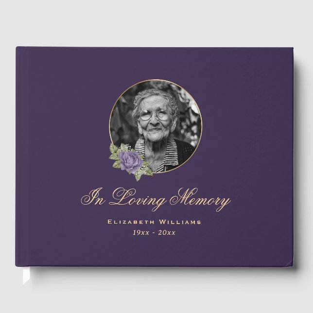 Livro De Visitas Foto Dourada Funeral Elegante Roxo (Frente)