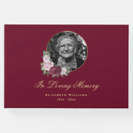 Livro De Visitas Foto Dourada Funeral Floral Elegante Vermelho Rosa